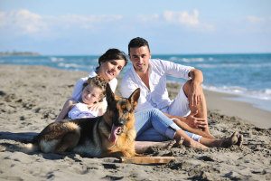 family-with-protection-dog-on-beach